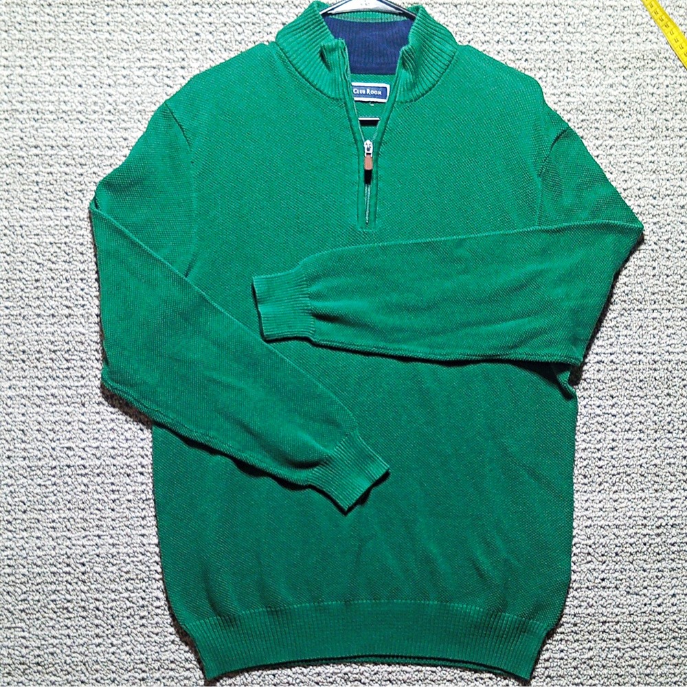 Club Room Men's Size L, 1/4 Zip Mock Neck Green Cotton Knit Sweater Pullover #j5
